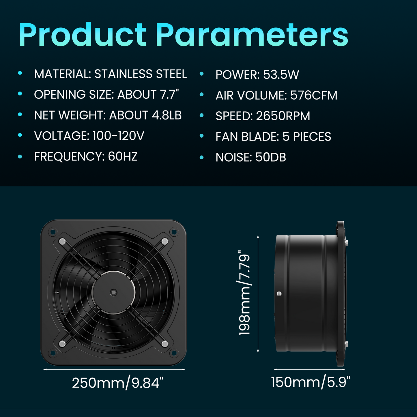HG Power 8 Inch Exhaust Fan with Speed Controller, 567 CFM Kitchen Exhaust Fan with Damper, Wall Exhaust Fan, Metal Extractor Fan for Window, Attic, Ceiling, Basement, Bathroom Ventilation