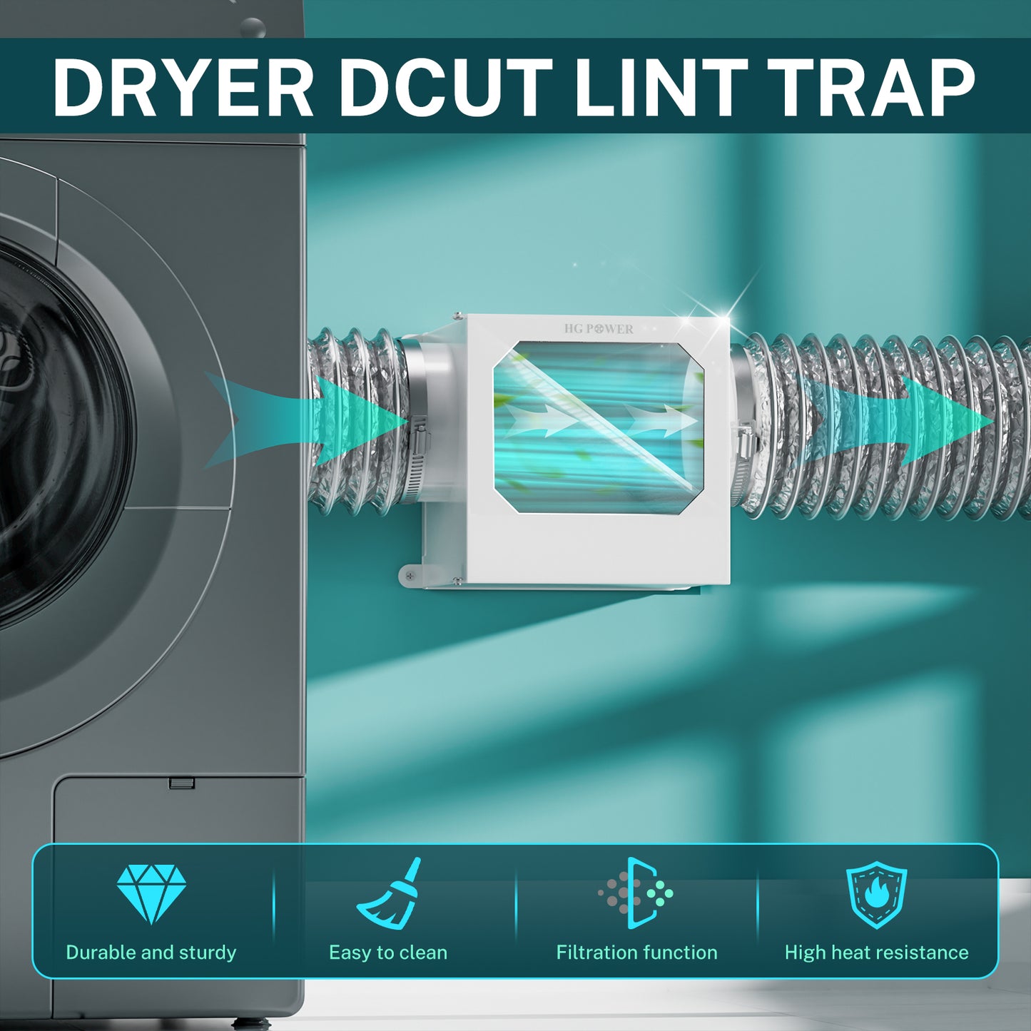 Upgrade Metal Dryer Duct Lint Trap, HG Power Indoor Dryer Vent Catcher Kit with Stainless Steel Mesh & Water Drawer to Collect Lint for Electric Dryer with 4 Inch 8FT Dryer Vent Hose, 2 Clamps