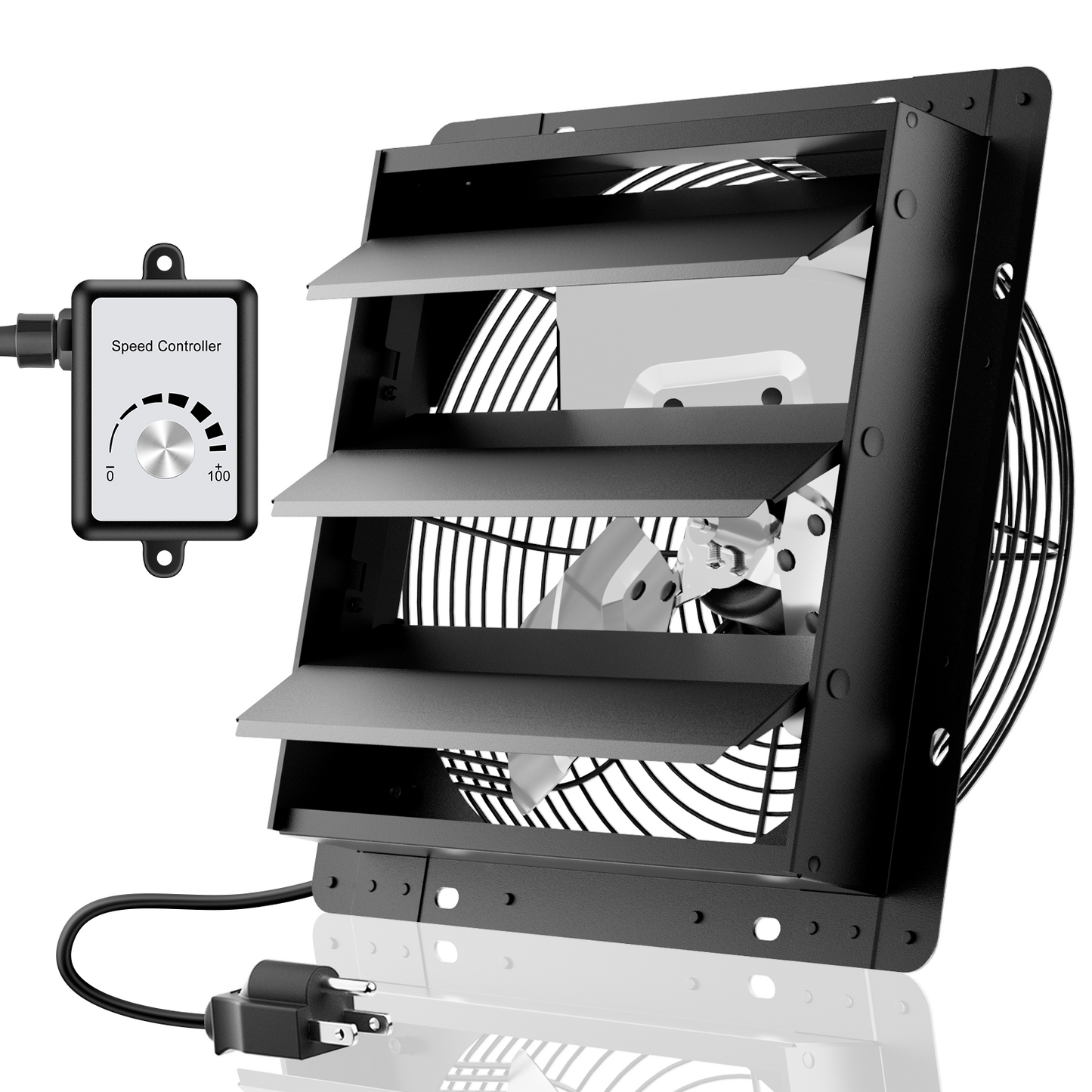 HG Power 12 Inch Attic Fan with Speed Controller, 971 CFM Shutter Exhaust Fan with EC Motor, Wall Mounted Greenhouse Fan for Shed, Basement, Gable, Chicken Coop Ventilation Use, Black