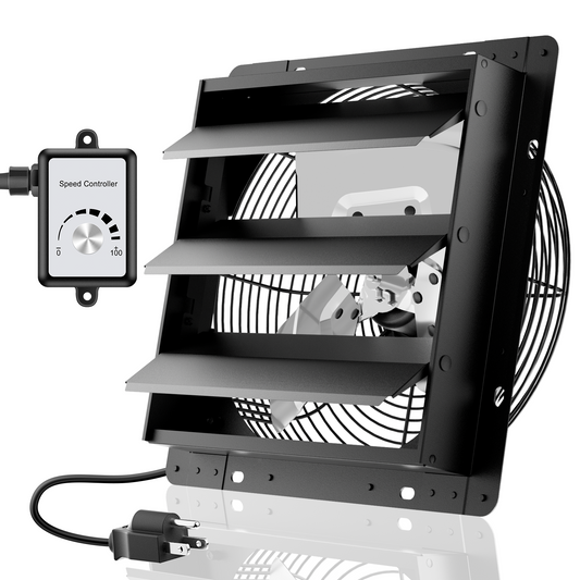 HG Power 12 Inch Attic Fan with Speed Controller, 971 CFM Shutter Exhaust Fan with EC Motor, Wall Mounted Greenhouse Fan for Shed, Basement, Gable, Chicken Coop Ventilation Use, Black