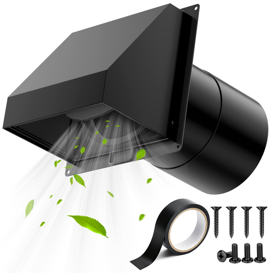 HG Power 6 Inch Hooded Wall Vent with Removable Mesh & Built-in Backdraft Damper – Slanted Top Exhaust Cover for Dryer, Kitchen, Bathroom – Galvanized Steel,Black