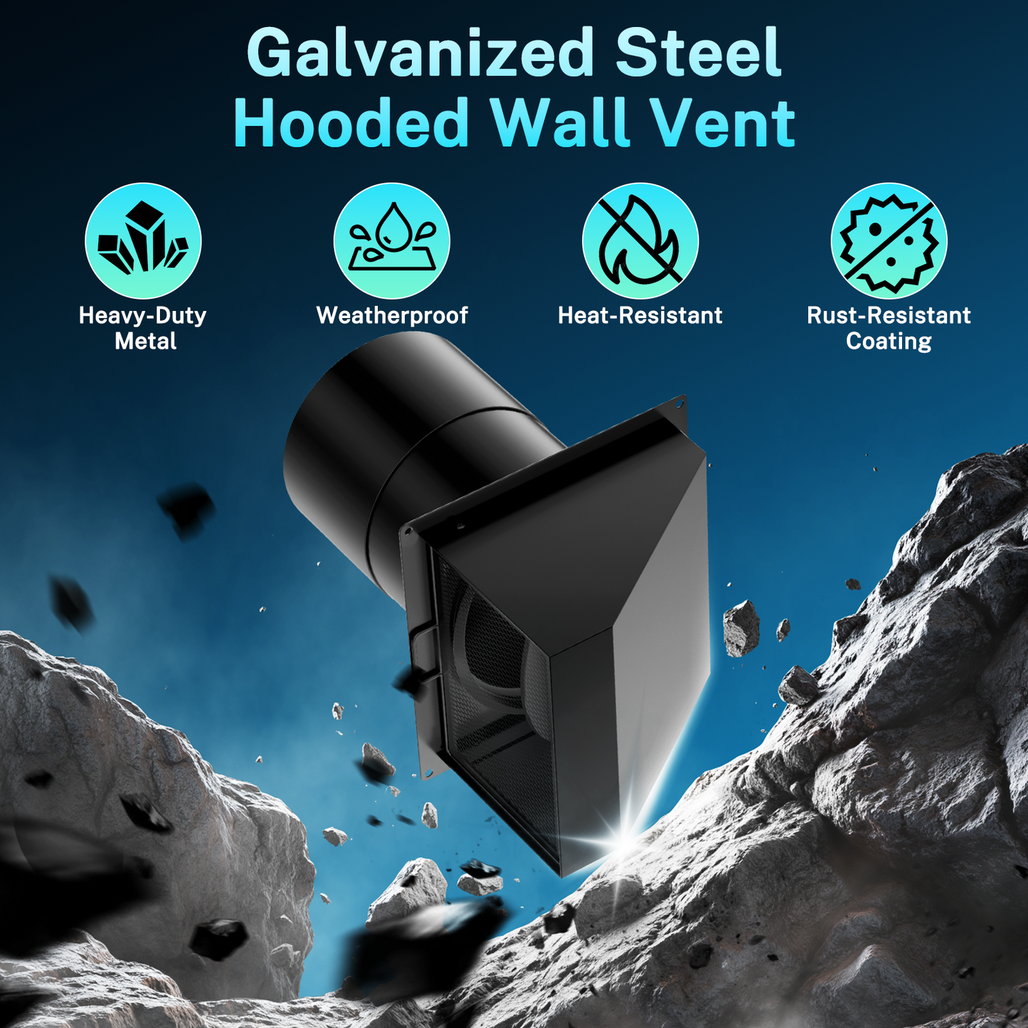 HG Power 6 Inch Hooded Wall Vent with Removable Mesh & Built-in Backdraft Damper – Slanted Top Exhaust Cover for Dryer, Kitchen, Bathroom – Galvanized Steel,Black