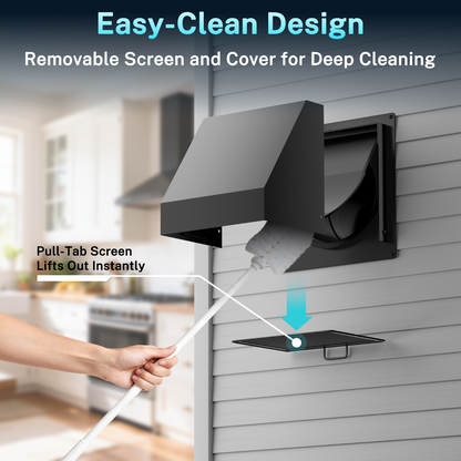 HG Power 6 Inch Hooded Wall Vent with Removable Mesh & Built-in Backdraft Damper – Slanted Top Exhaust Cover for Dryer, Kitchen, Bathroom – Galvanized Steel,Black