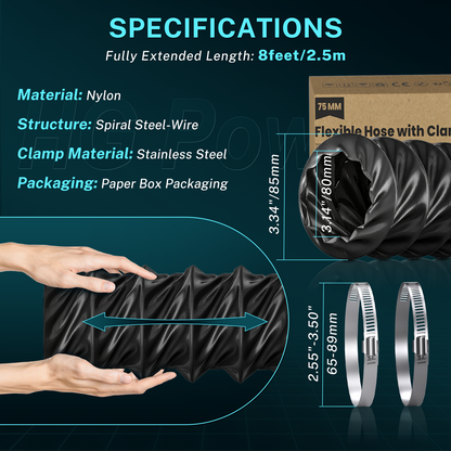 HG Power 3 Inch Duct Hose, 3" X 8FT Flexible Nylon Duct, Diesel Heater Hose Air Ducting With 2 Clamps For HVAC Ventilation (Black)