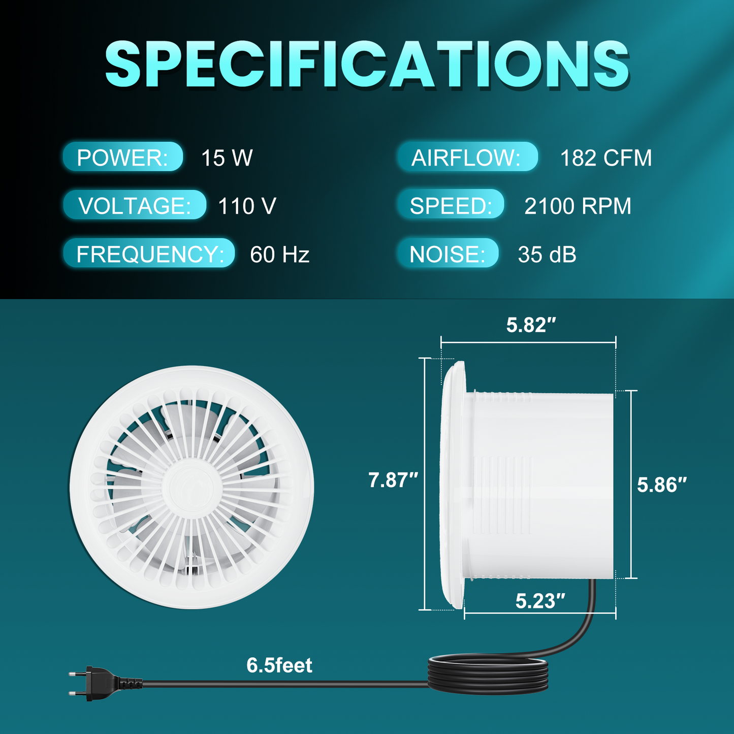 HG Power 6 Inch Bathroom Exhaust Fan One-Way Ventilation Fan with Backdraft Damper & Remote Control, 4-Speed 2100 RPM 182 CFM Low Noise Vent Fan for Kitchen, Toilet, Wall and Ceiling Mount