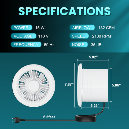 HG Power 6 Inch Bathroom Exhaust Fan One-Way Ventilation Fan with Backdraft Damper & Remote Control, 4-Speed 2100 RPM 182 CFM Low Noise Vent Fan for Kitchen, Toilet, Wall and Ceiling Mount