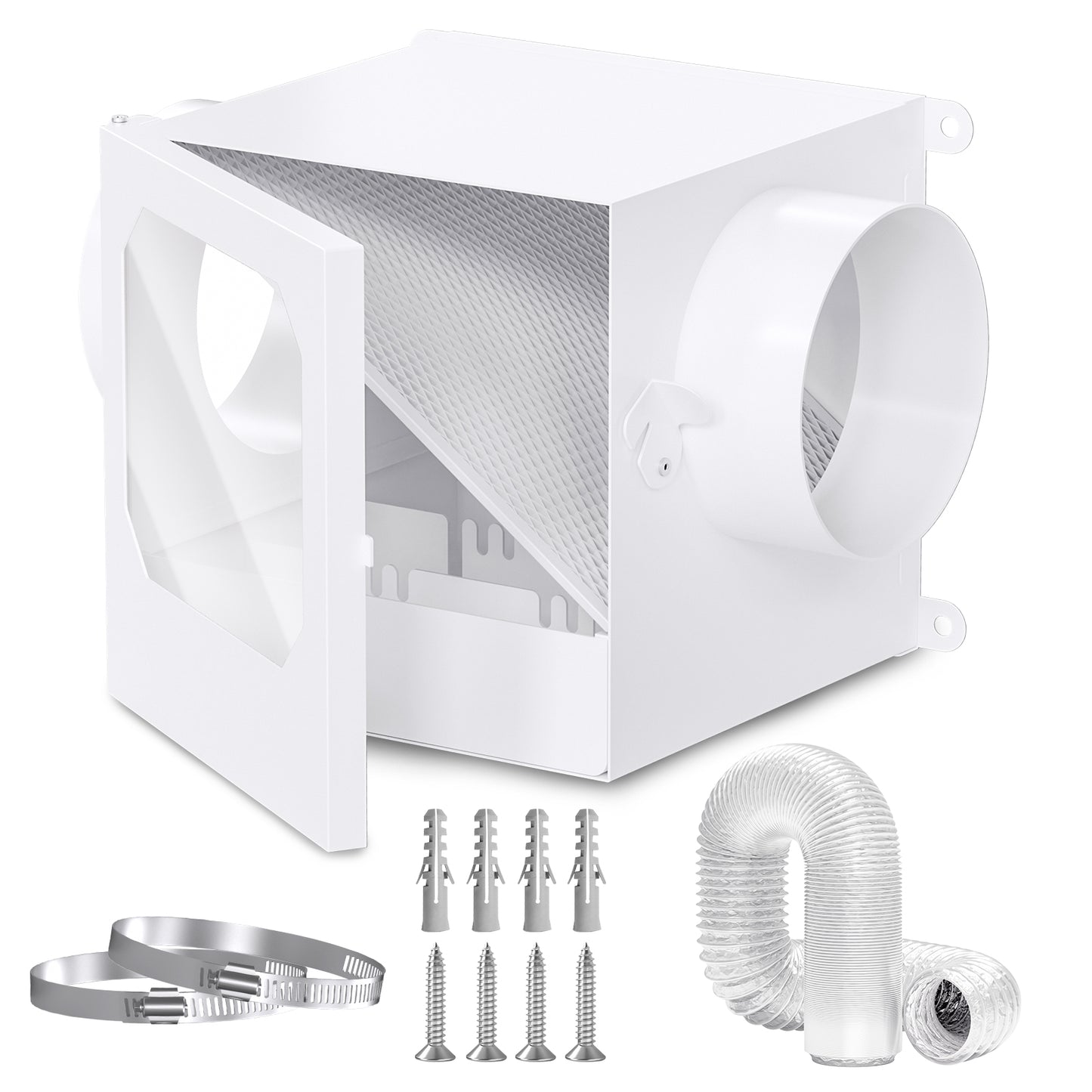Upgrade Metal Dryer Duct Lint Trap, HG Power Indoor Dryer Vent Catcher Kit with Stainless Steel Mesh & Water Drawer to Collect Lint for Electric Dryer with 4 Inch 8FT Dryer Vent Hose, 2 Clamps