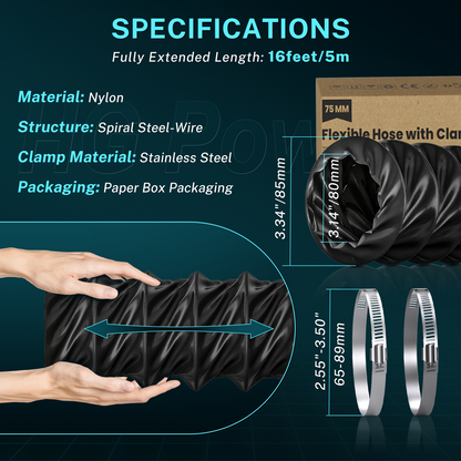 HG Power 3 Inch Duct Hose, 3" X 8FT Flexible Nylon Duct, Diesel Heater Hose Air Ducting With 2 Clamps For HVAC Ventilation (Black)