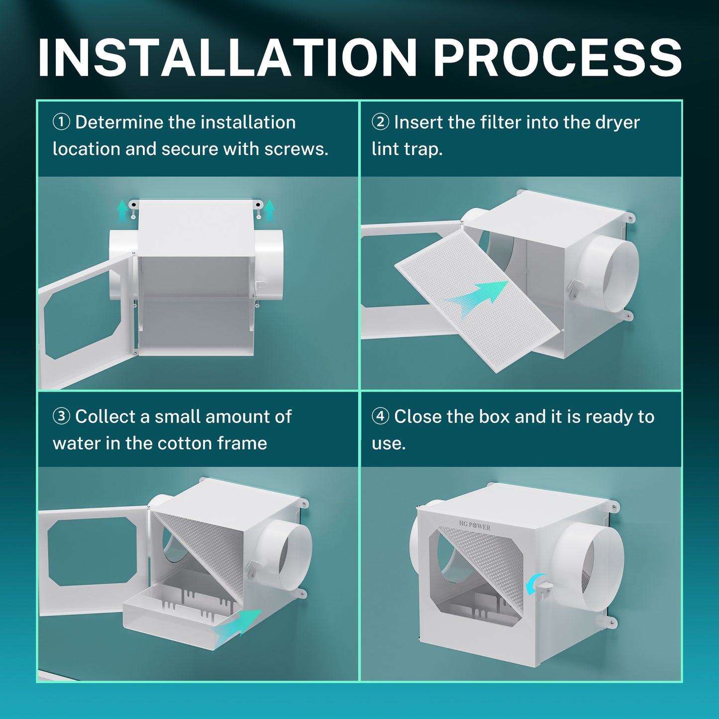 Upgrade Metal Dryer Duct Lint Trap, HG Power Indoor Dryer Vent Catcher Kit with Stainless Steel Mesh & Water Drawer to Collect Lint for Electric Dryer with 4 Inch 8FT Dryer Vent Hose, 2 Clamps